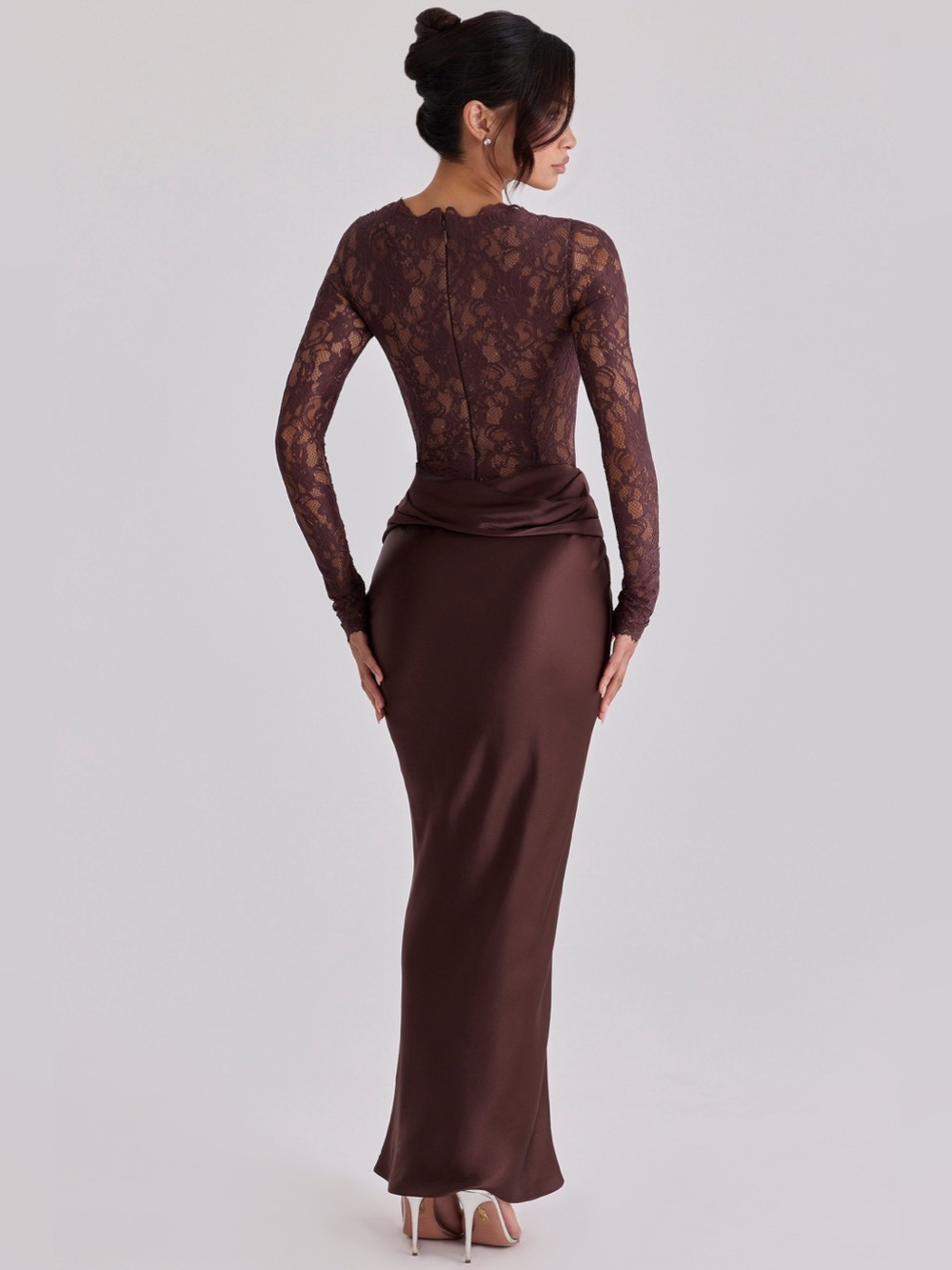 House of CB YASMEEN Espresso Brown Lace + Satin Draped Maxi Dress size L NWOT - Picture 5 of 10